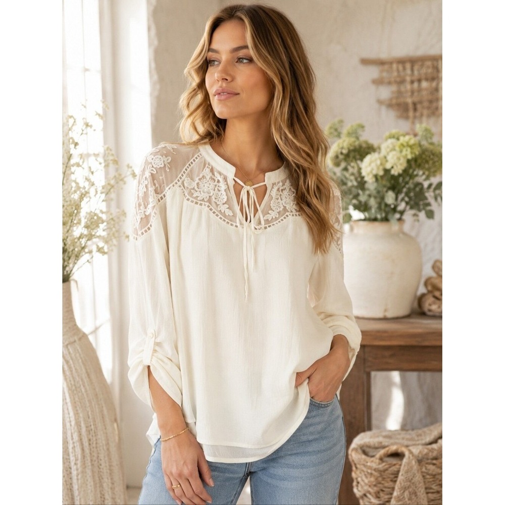 Hayden Ivory Boho Lace Yoke Embroidered Peasant Blouse Roll Tab Sleeve S/M